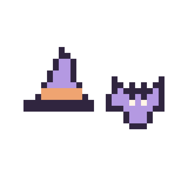 Modèle de pixel art Chapeau de sorcière simple 12 × 12 et Chauve-souris simple 10 × 10 sur une grille de 32 par 32 cases