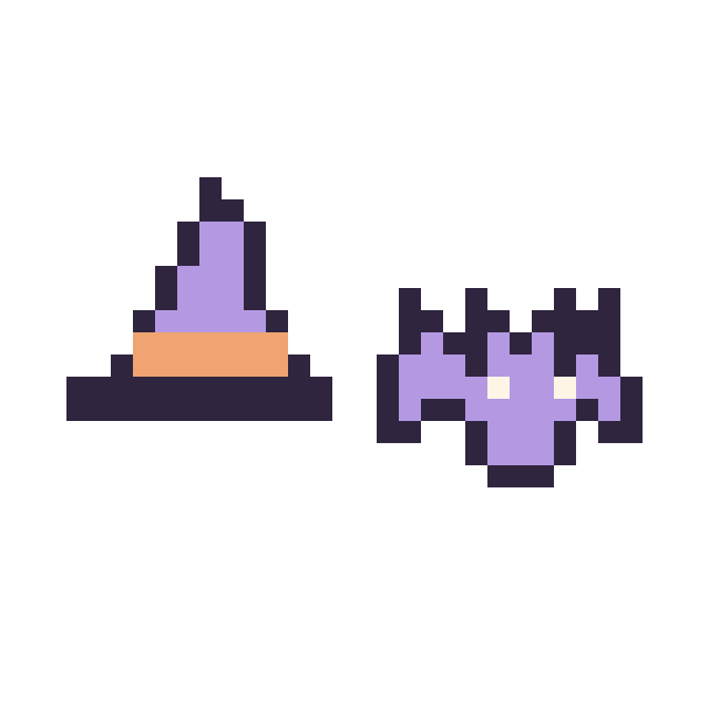 Modèle de pixel art Chapeau de sorcière simple 12 × 12 et Chauve-souris simple 12 × 12 sur une grille de 32 par 32 cases