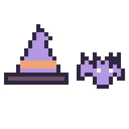 Pixel art Chapeau de sorcière simple 16 × 16 et Chauve-souris simple 12 × 12, grille 32 × 32