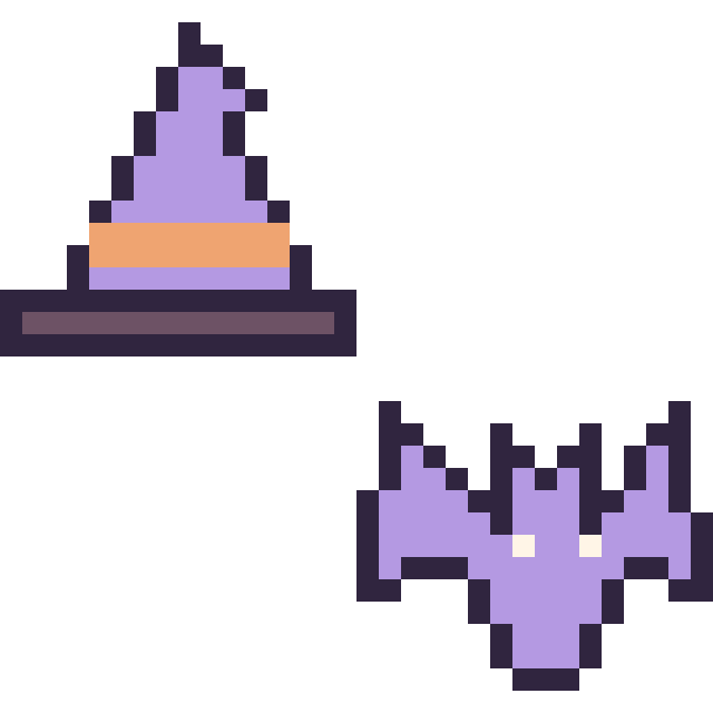 Modèle de pixel art Chapeau de sorcière simple 16 × 16 et Chauve-souris simple 16 × 16 sur une grille de 32 par 32 cases