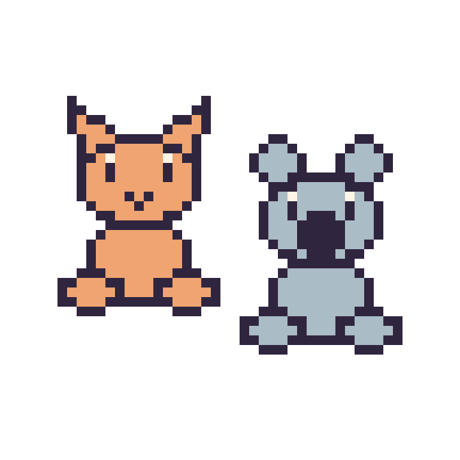 Modèle de pixel art Chat assis et Koala assis sur une grille de 48 par 48 cases