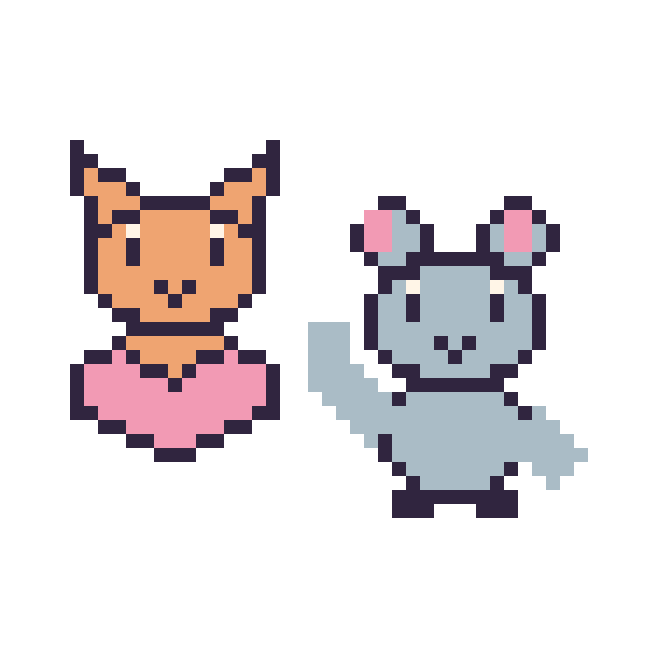 Modèle de pixel art Chat avec un cœur et Souris qui fait coucou sur une grille de 48 par 48 cases
