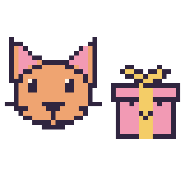 Modèle de pixel art Chat et Cadeau kawaii 16 × 16 sur une grille de 40 par 40 cases