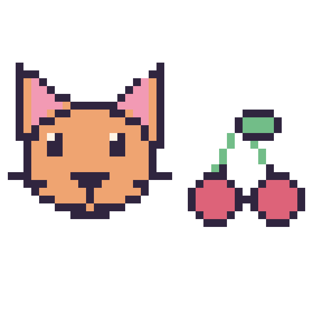Modèle de pixel art Chat et Cerise kawaii 16 × 16 sur une grille de 40 par 40 cases