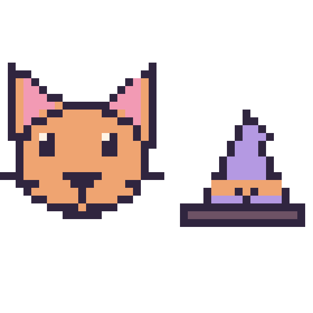 Modèle de pixel art Chat et Chapeau de sorcière kawaii 16 × 16 sur une grille de 40 par 40 cases