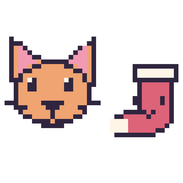 Modèle de pixel art Chat et Chaussette de Noël kawaii 16 × 16 sur une grille de 40 par 40 cases