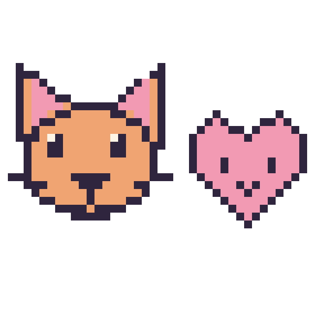 Modèle de pixel art Chat et Cœur kawaii 16 × 16 sur une grille de 40 par 40 cases