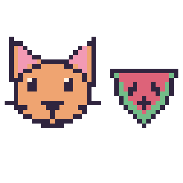 Modèle de pixel art Chat et Pastèque kawaii 16 × 16 sur une grille de 40 par 40 cases