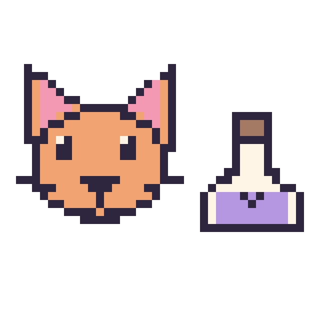 Modèle de pixel art Chat et Potion kawaii 16 × 16 sur une grille de 40 par 40 cases