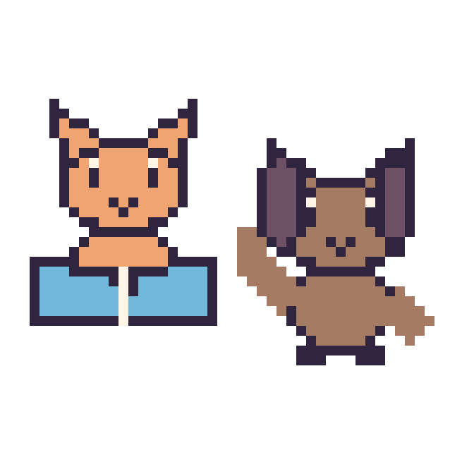 Modèle de pixel art Chat avec un livre et Chien qui fait coucou sur une grille de 48 par 48 cases