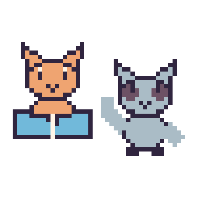 Modèle de pixel art Chat avec un livre et Loup qui fait coucou sur une grille de 48 par 48 cases