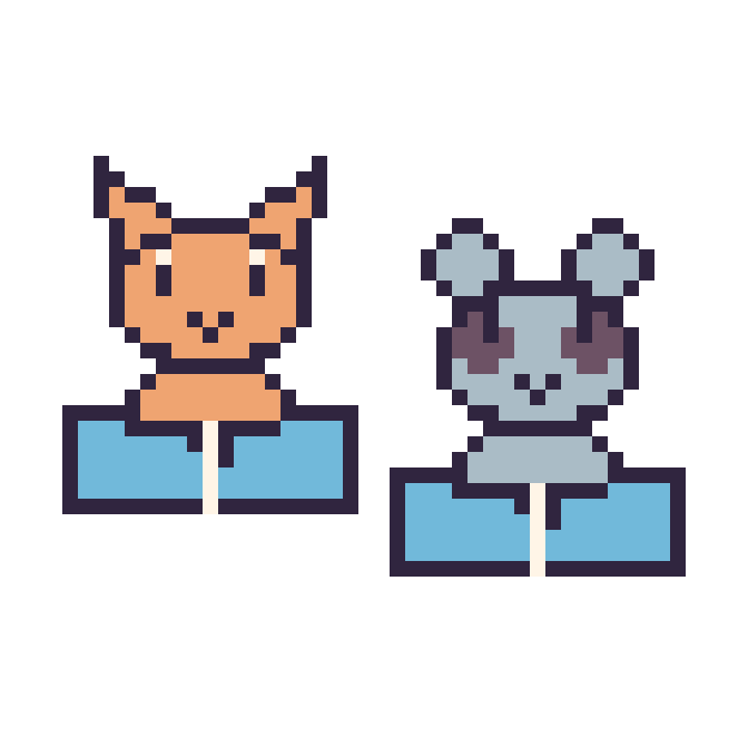 Modèle de pixel art Chat avec un livre et Raton laveur avec un livre sur une grille de 48 par 48 cases
