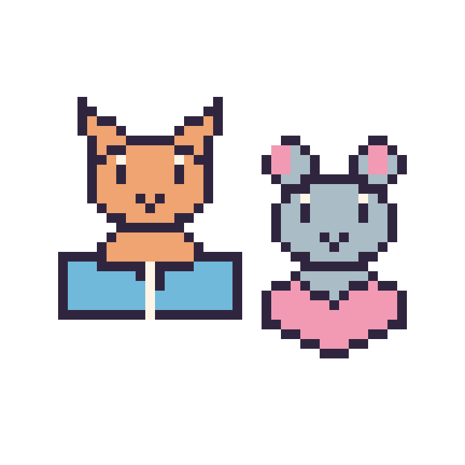 Modèle de pixel art Chat avec un livre et Souris avec un cœur sur une grille de 48 par 48 cases