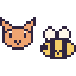 Pixel art Chat en portrait et Abeille kawaii 16 × 16, grille 32 × 32