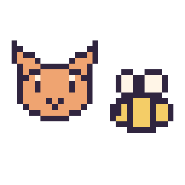 Modèle de pixel art Chat en portrait et Abeille simple 12 × 12 sur une grille de 32 par 32 cases
