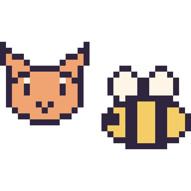 Modèle de pixel art Chat en portrait et Abeille simple 16 × 16 sur une grille de 32 par 32 cases