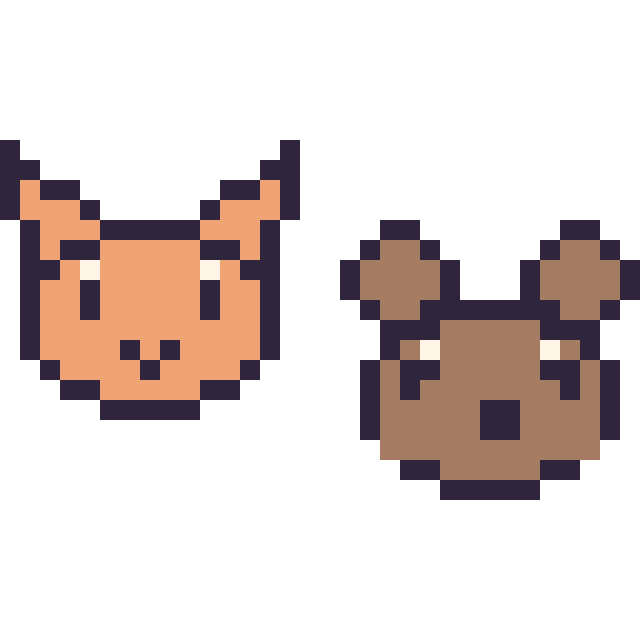 Modèle de pixel art Chat en portrait et Capybara en portrait sur une grille de 32 par 32 cases