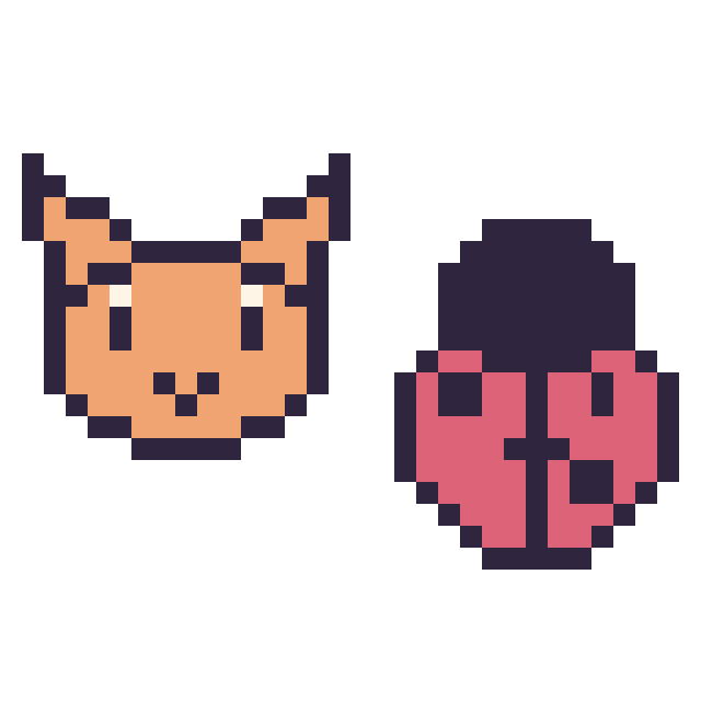 Modèle de pixel art Chat en portrait et Coccinelle kawaii 16 × 16 sur une grille de 32 par 32 cases