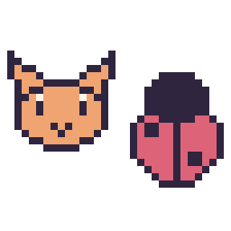 Pixel art Chat en portrait et Coccinelle simple 16 × 16, grille 32 × 32