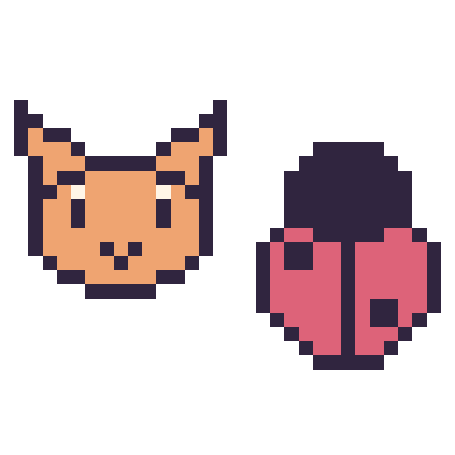 Modèle de pixel art Chat en portrait et Coccinelle simple 16 × 16 sur une grille de 32 par 32 cases