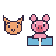 Pixel art Chat en portrait et Cochon avec un livre, grille 40 × 40