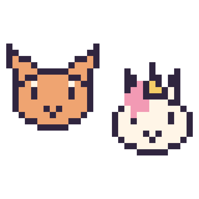 Modèle de pixel art Chat en portrait et Licorne en portrait sur une grille de 32 par 32 cases