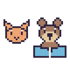 Pixel art Chat en portrait et Ours avec un livre, grille 40 × 40