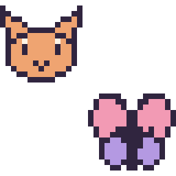 Pixel art Chat en portrait et Papillon kawaii 16 × 16, grille 32 × 32