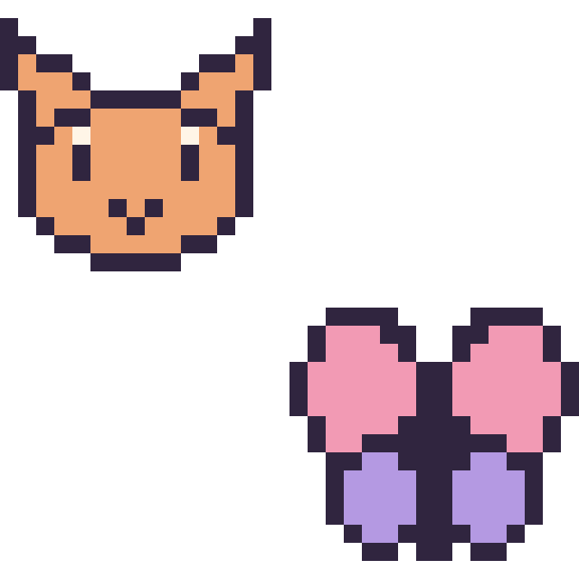 Modèle de pixel art Chat en portrait et Papillon simple 16 × 16 sur une grille de 32 par 32 cases