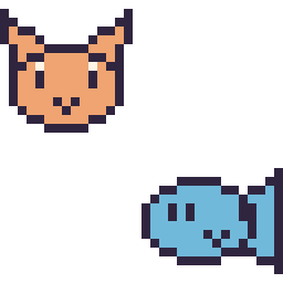 Pixel art Chat en portrait et Poisson kawaii 16 × 16, grille 32 × 32