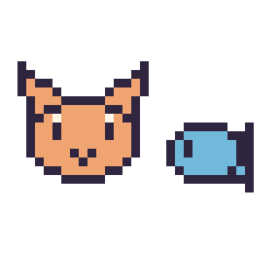 Pixel art Chat en portrait et Poisson simple 10 × 10, grille 32 × 32