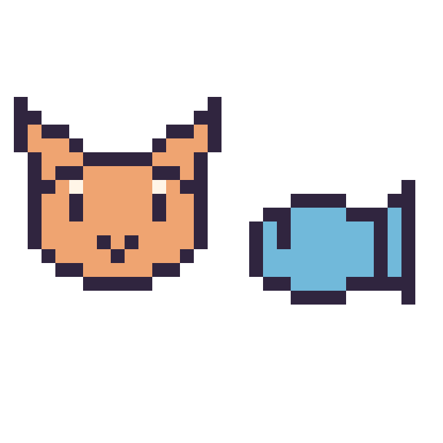 Modèle de pixel art Chat en portrait et Poisson simple 12 × 12 sur une grille de 32 par 32 cases
