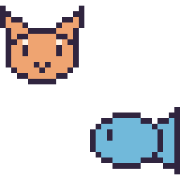 Pixel art Chat en portrait et Poisson simple 16 × 16, grille 32 × 32