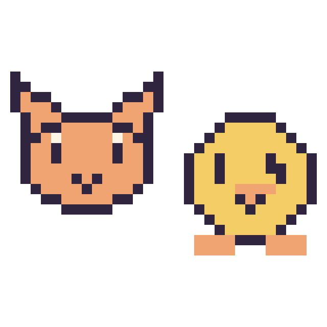 Modèle de pixel art Chat en portrait et Poussin kawaii 16 × 16 sur une grille de 32 par 32 cases
