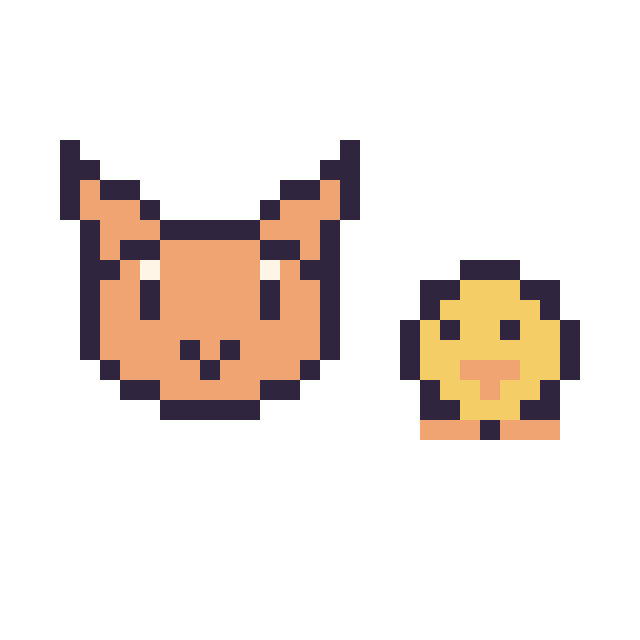 Modèle de pixel art Chat en portrait et Poussin simple 10 × 10 sur une grille de 32 par 32 cases