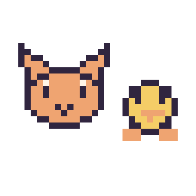 Modèle de pixel art Chat en portrait et Poussin simple 12 × 12 sur une grille de 32 par 32 cases