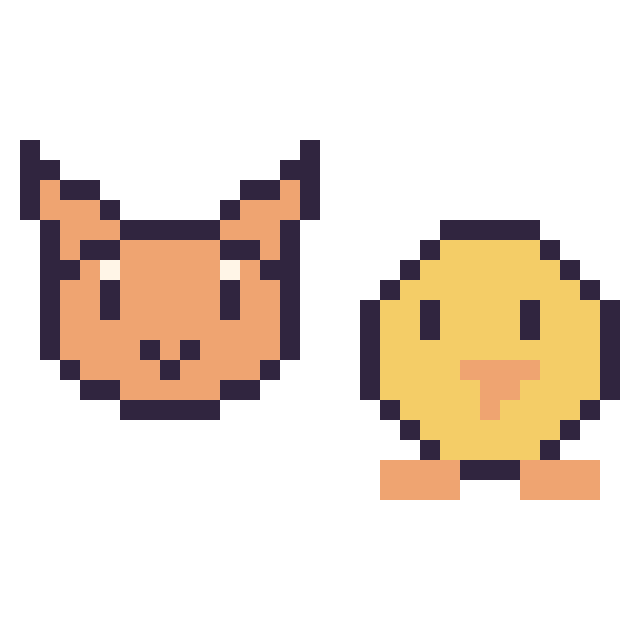 Modèle de pixel art Chat en portrait et Poussin simple 16 × 16 sur une grille de 32 par 32 cases