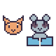 Pixel art Chat en portrait et Raton laveur avec un livre, grille 40 × 40