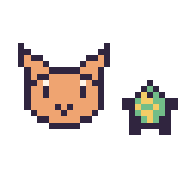 Modèle de pixel art Chat en portrait et Tortue simple 10 × 10 sur une grille de 32 par 32 cases