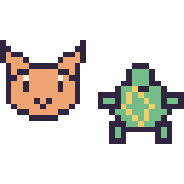 Modèle de pixel art Chat en portrait et Tortue simple 16 × 16 sur une grille de 32 par 32 cases