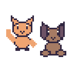 Pixel art Chat qui fait coucou et Chien assis, grille 48 × 48