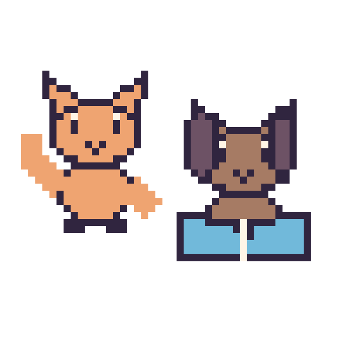 Modèle de pixel art Chat qui fait coucou et Chien avec un livre sur une grille de 48 par 48 cases
