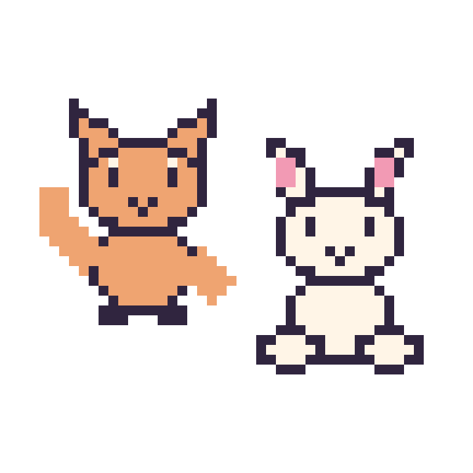 Modèle de pixel art Chat qui fait coucou et Lapin assis sur une grille de 48 par 48 cases