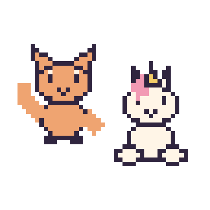Modèle de pixel art Chat qui fait coucou et Licorne assis sur une grille de 48 par 48 cases