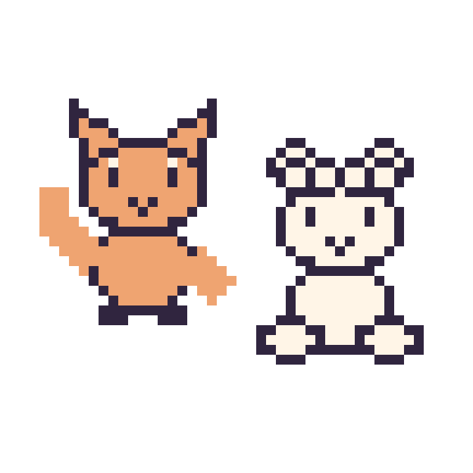 Modèle de pixel art Chat qui fait coucou et Mouton assis sur une grille de 48 par 48 cases