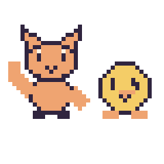 Pixel art Chat qui fait coucou et Poussin kawaii 16 × 16, grille 40 × 40