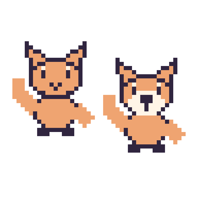 Modèle de pixel art Chat qui fait coucou et Renard qui fait coucou sur une grille de 48 par 48 cases