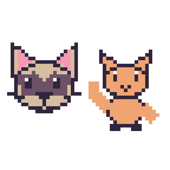 Modèle de pixel art Chat siamois et Chat qui fait coucou sur une grille de 48 par 48 cases