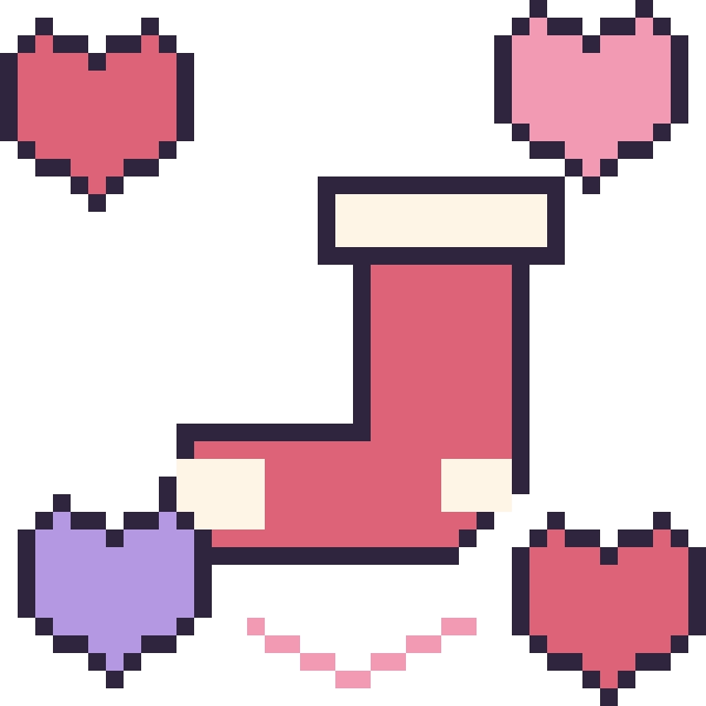 Modèle de pixel art Chaussette de Noël avec des cœurs sur une grille de 40 par 40 cases