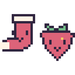 Pixel art Chaussette de Noël kawaii 16 × 16 et Fraise kawaii 16 × 16, grille 32 × 32